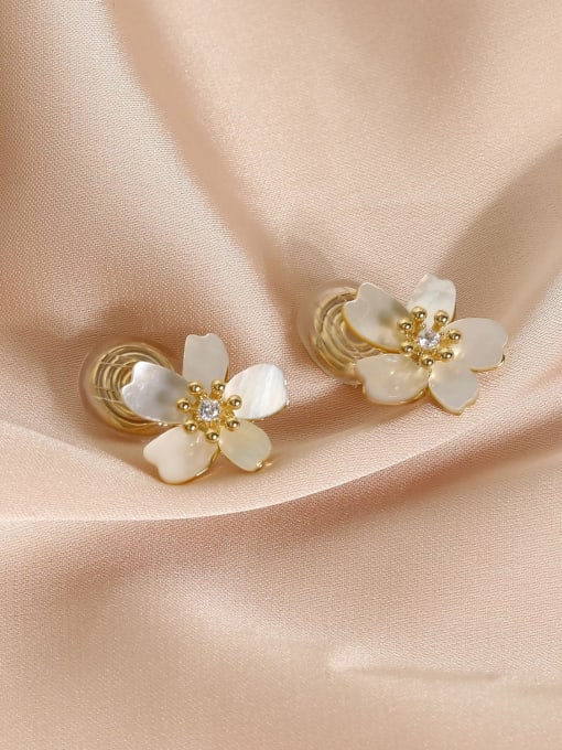 14k Gold [ ear clip] Brass Shell Flower Minimalist Clip Earring